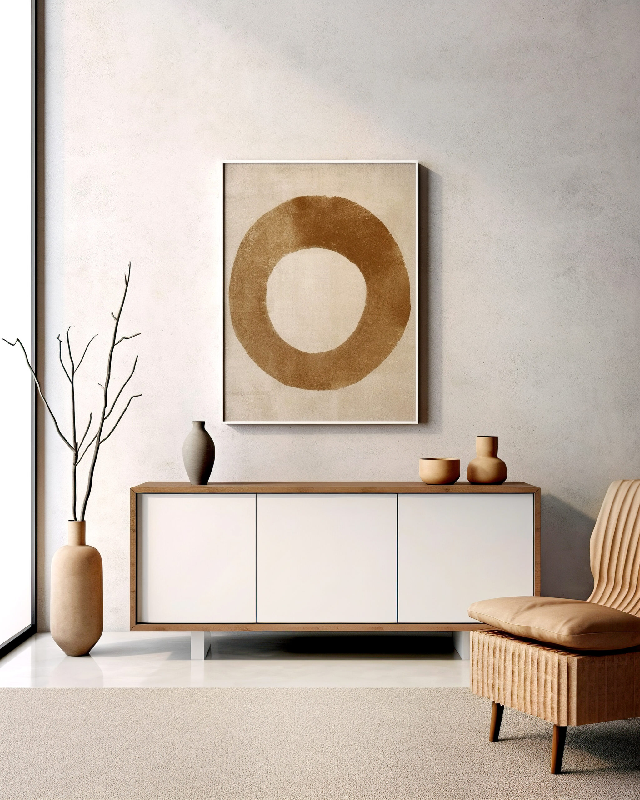 Wooden dresser and art poster on concrete wall. Scandinavian home interior design of modern living room.