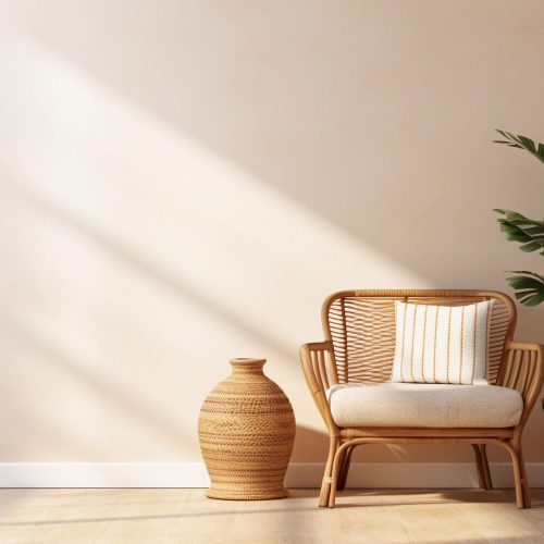 Empty beige wall mockup in boho room interior with wicker armchair and vase. Natural daylight from a window. Promotion background. Generative AI.